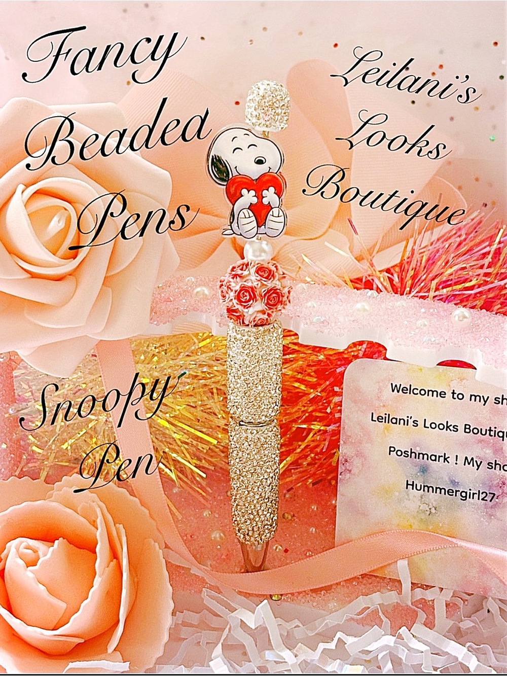 Snoopy beaded pen with red roses and glittery gold body #snoopy #beaded